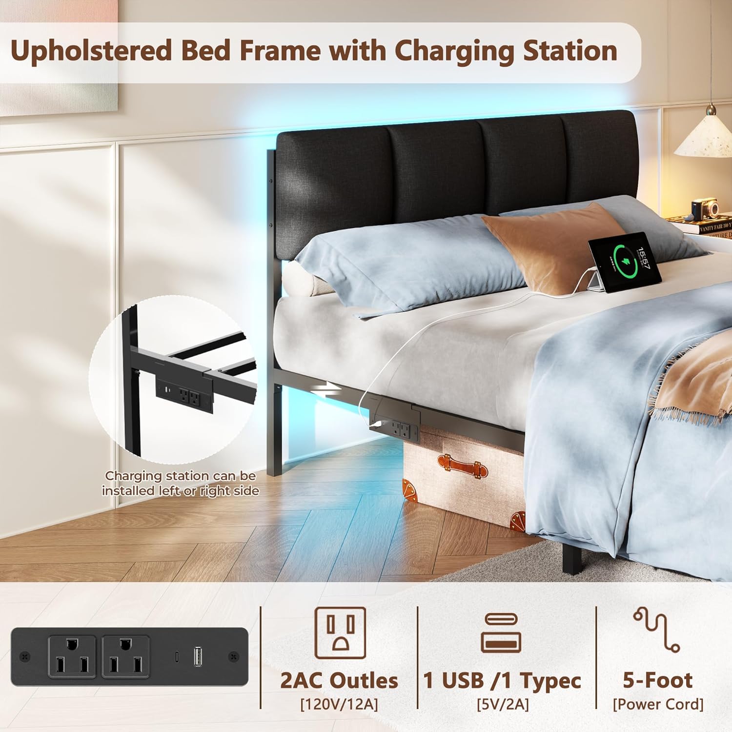 Furnulem Queen Bed Frame with Charging Station and LED Lights, Upholstered Headboard, Metal Platform Bed with 2 Fabric Storage Drawers, Noise Free, No Box Spring Needed, Gery