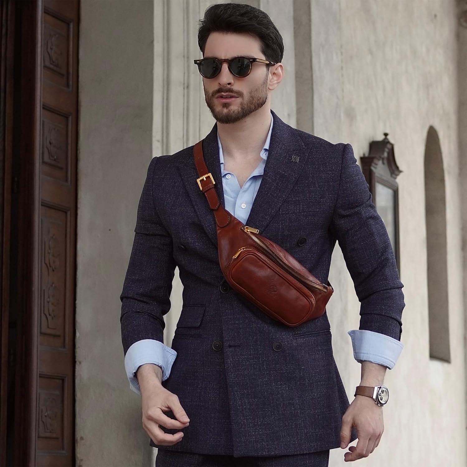 Time Resistance Leather Waist Pack - Belly Bag, Belt Bag, Fanny Pack - Handmade in Italy (Cognac Brown)