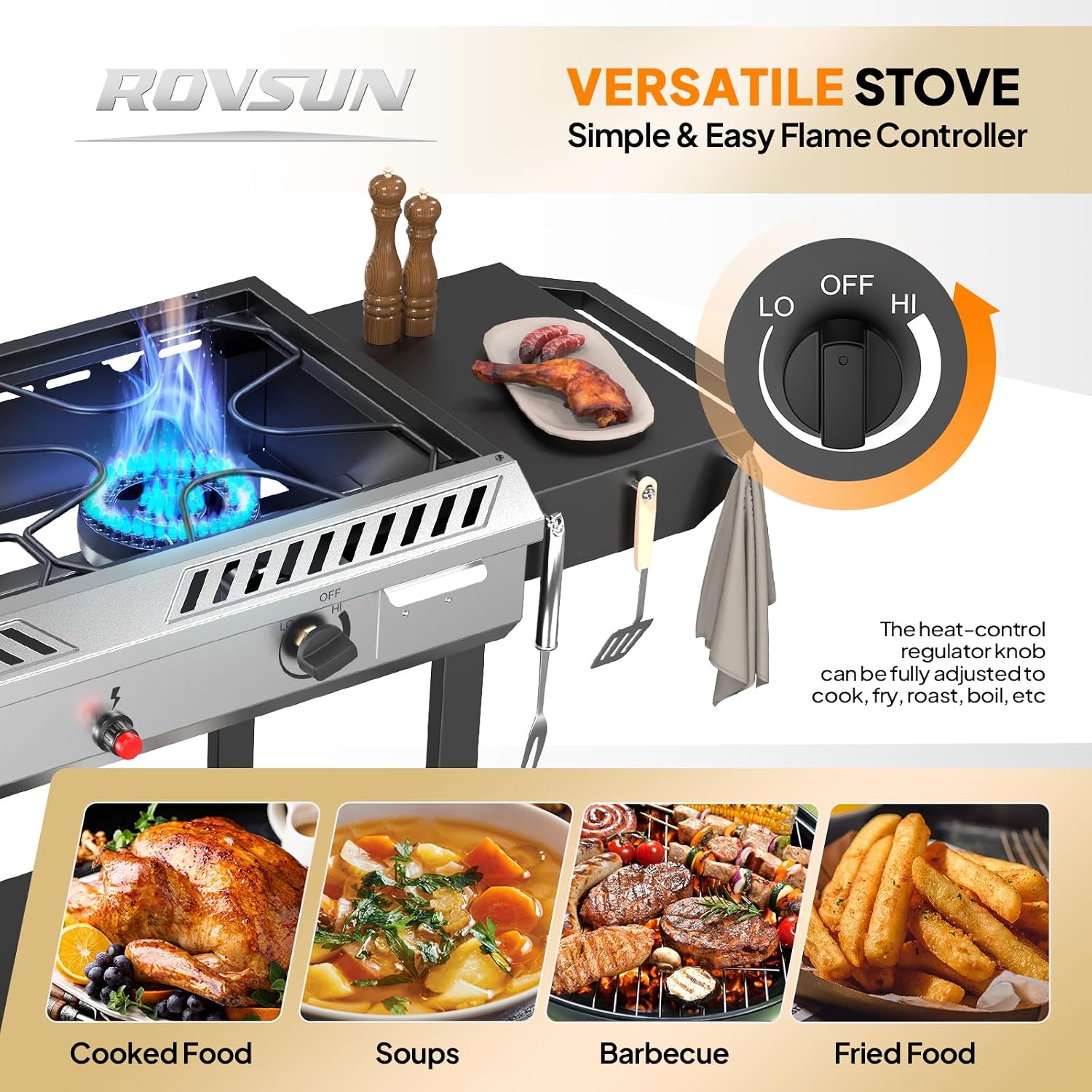 ROVSUN 2 Burner Propane Stove with Auto Ignition, 150,000 BTU Gas Stove with Side Shelves, Rolling Wheels & Regulator for Home Outdoor Backyard Camping Cooking Frying Brewing Canning