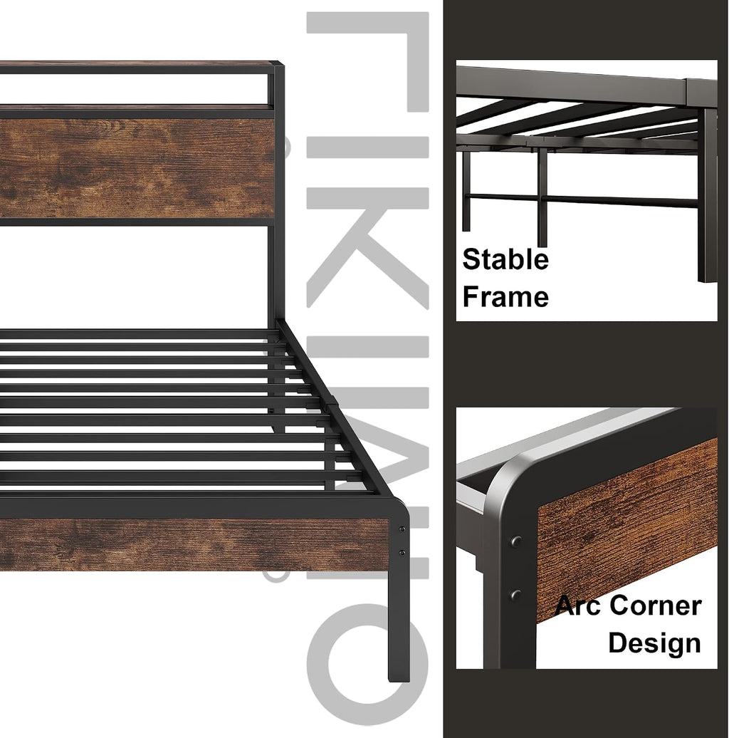 LIKIMIO Full Size Bed Frame, Platform Bed with 2-Tier Storage Headboard, Solid and Stable, Noise Free, No Box Spring Needed, Easy Assembly, Vintage Brown