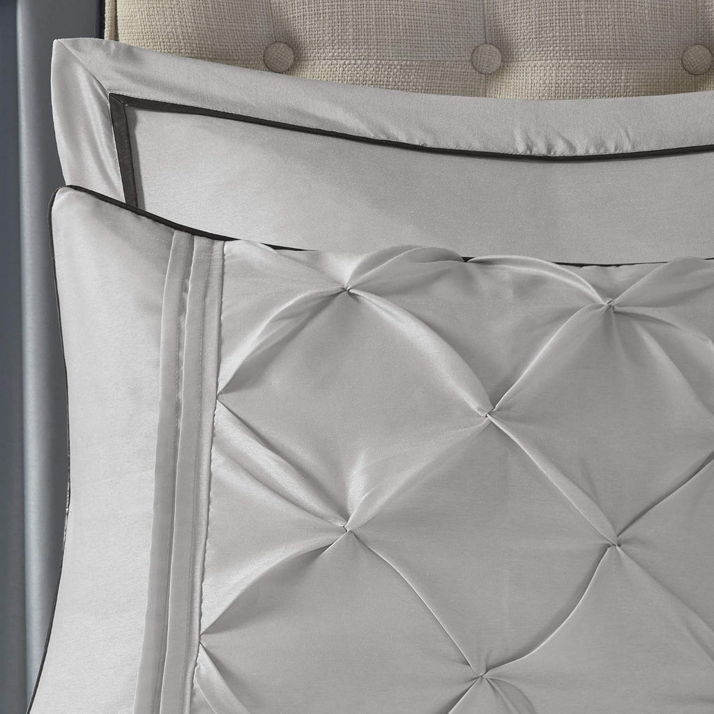 Madison Park Essentials Room in a Bag Faux Silk Comforter Set - Luxe Diamond Tufting All Season Bedding, Matching Curtains, Decorative Pillows, Grey Queen(90'x90') 24 Piece