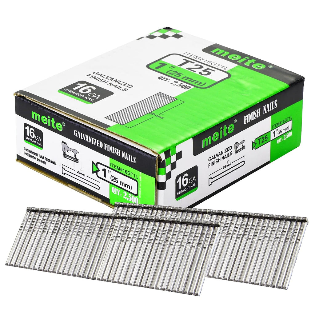 meite 16 Gauge Finish Nails 1 Inch Galvanized Straight Finishing Nails for Finish Nailer Gun, 16GA Small Head Nails for Window Casing Baseboard Crown Molding, 1 Case/45,000PCS
