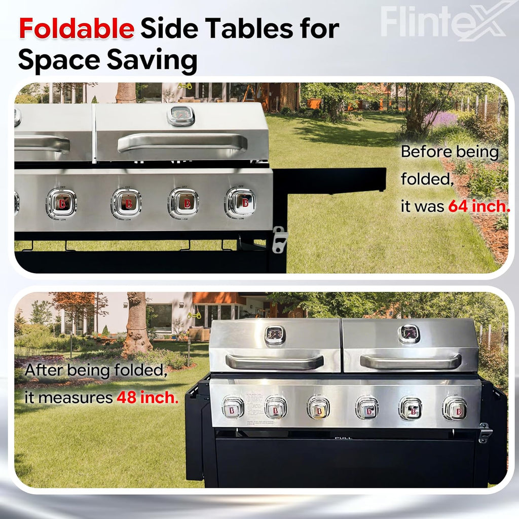 Flintex 6 Burner Propane Gas Grill Griddle Combo with Porcelain-Enameled Cast Iron Grates & Cast Iron Pan, Dual Outdoor BBQ Grill With Flat Top Griddle for Backyard Barbecue, 610 sq.in.
