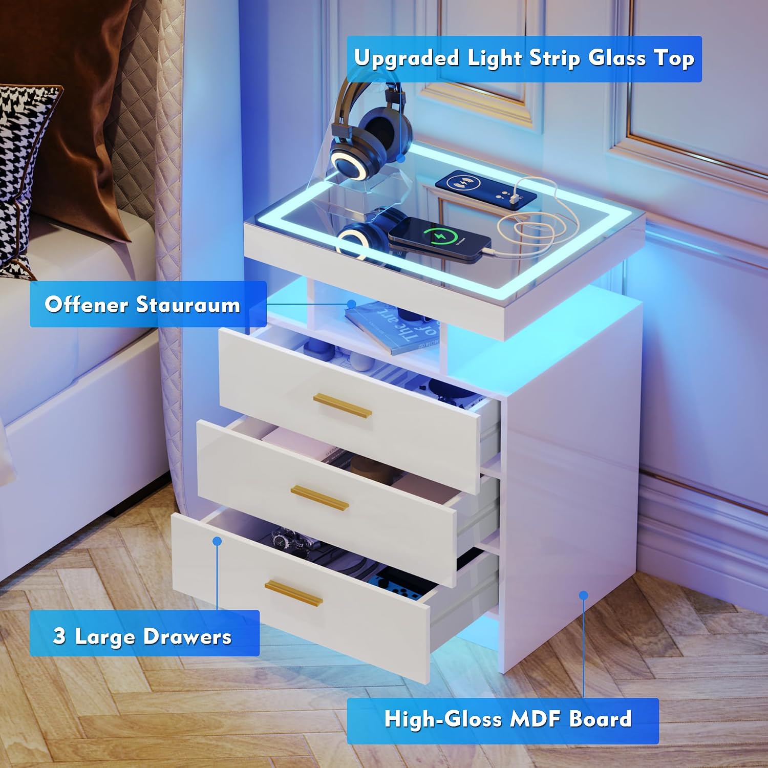 Lvifur 2 Set Nightstands with Wireless Charging Station, Auto Sensor 3 Color Dimmable LED Night Stand, Modern Bedside Table with 3 Drawers & 3 Open Compartments (White)