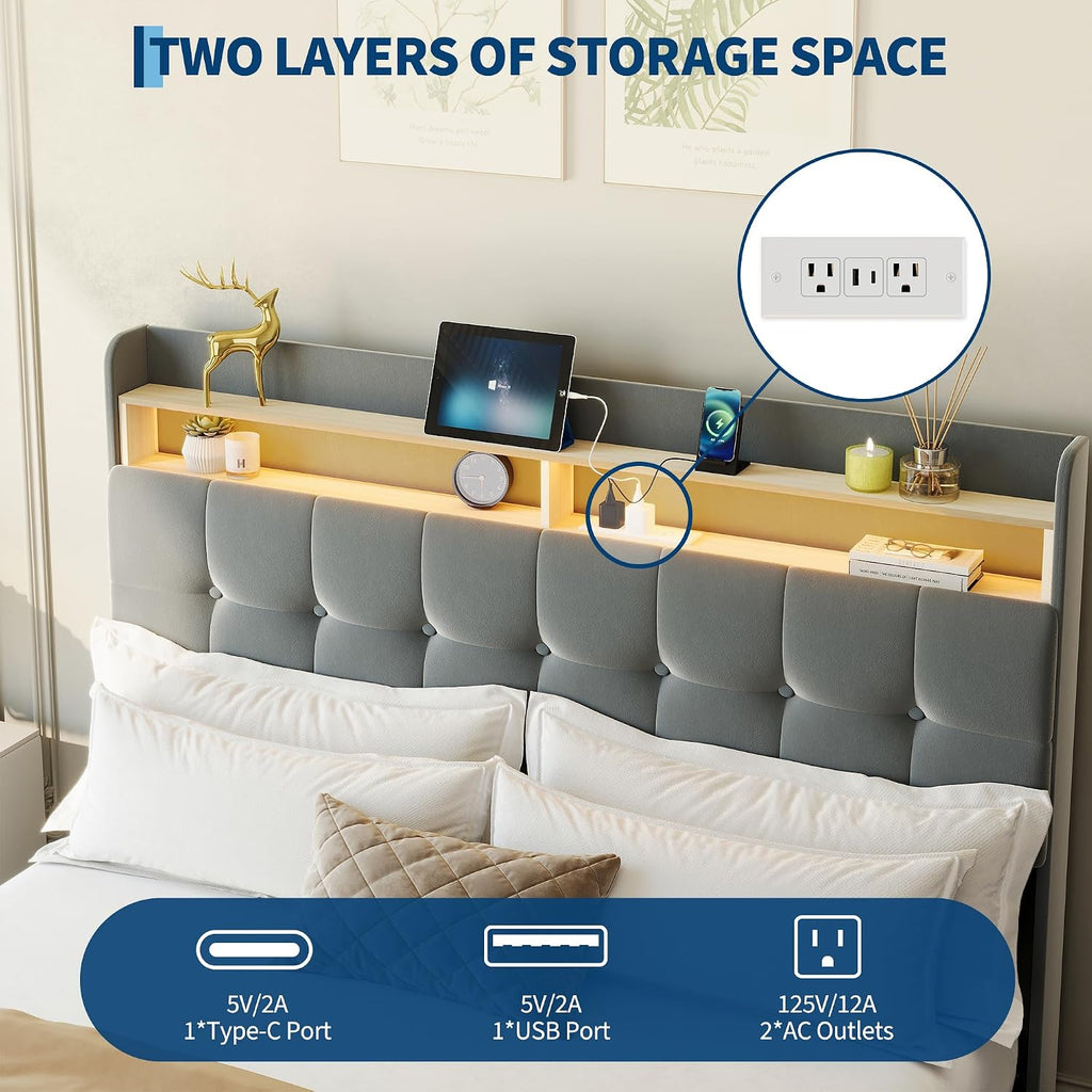 Garvee Queen Size Bed Frame with 2 Storage Drawers, Upholstered Bed Frame Queen with LED Light, Double-Layer Bedside Headboard with Charging Socket and USB Port, Soft Plush Fabric, Grey