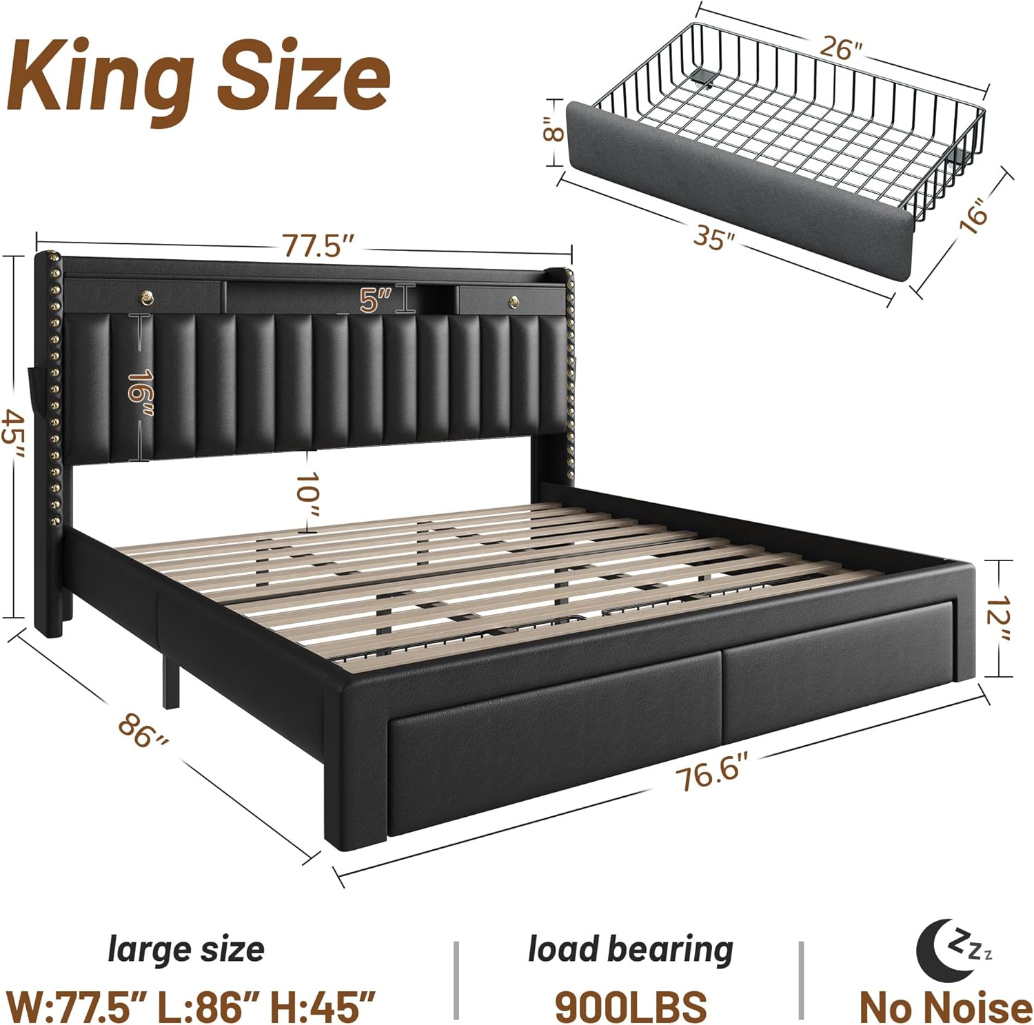 CypBed King Size Bed Frame with 2 Tier Storage Headboard, Upholstered King Bed Frame with 4-Storage Drawers, 3 USB & Type-C Charging Ports,Solid Wood Slats,No Box Spring Needed,Noise-Free, Black,Gift