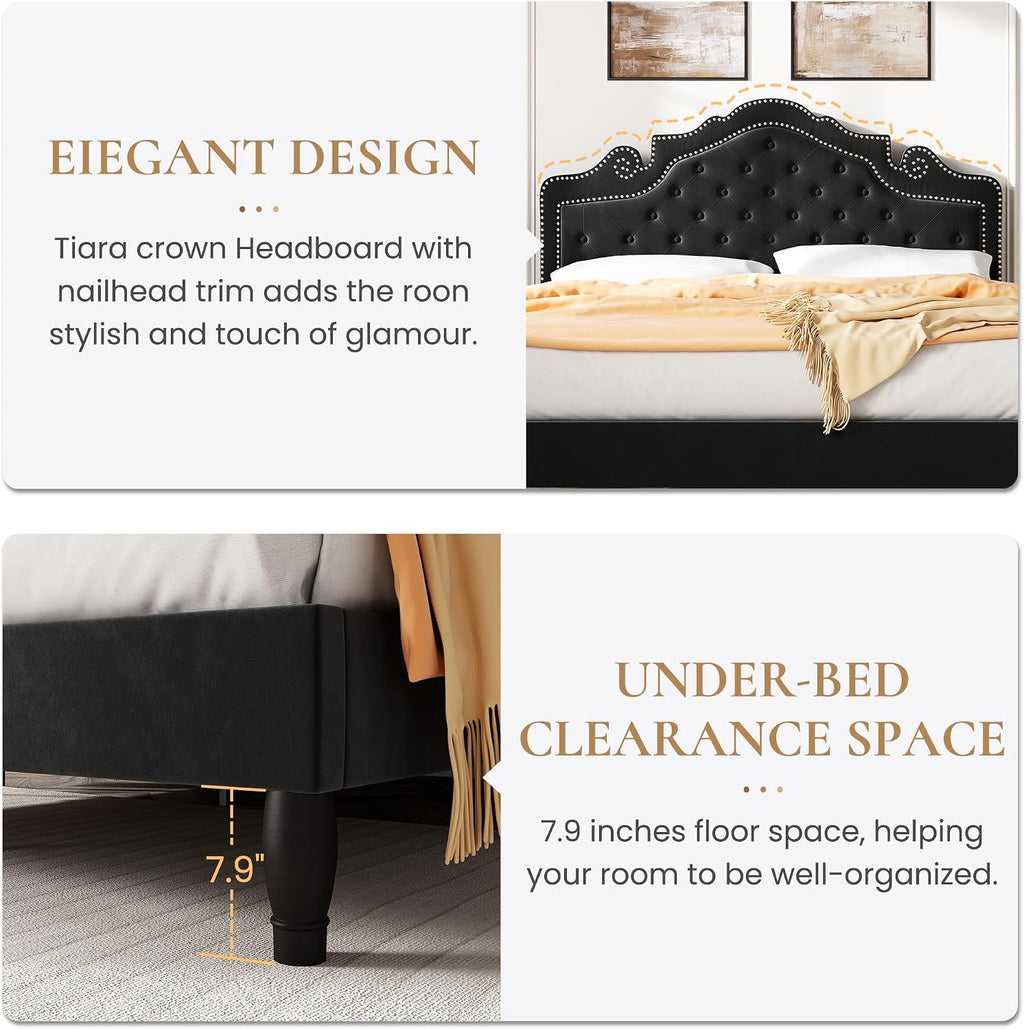 SHA CERLIN Full Size Bed Frame with Adjustable Headboard/Velvet Upholstered/Diamond Button Tufted and Metal Studs/No Box Spring Needed/Wood Slat Support/Easy Assembly/Black