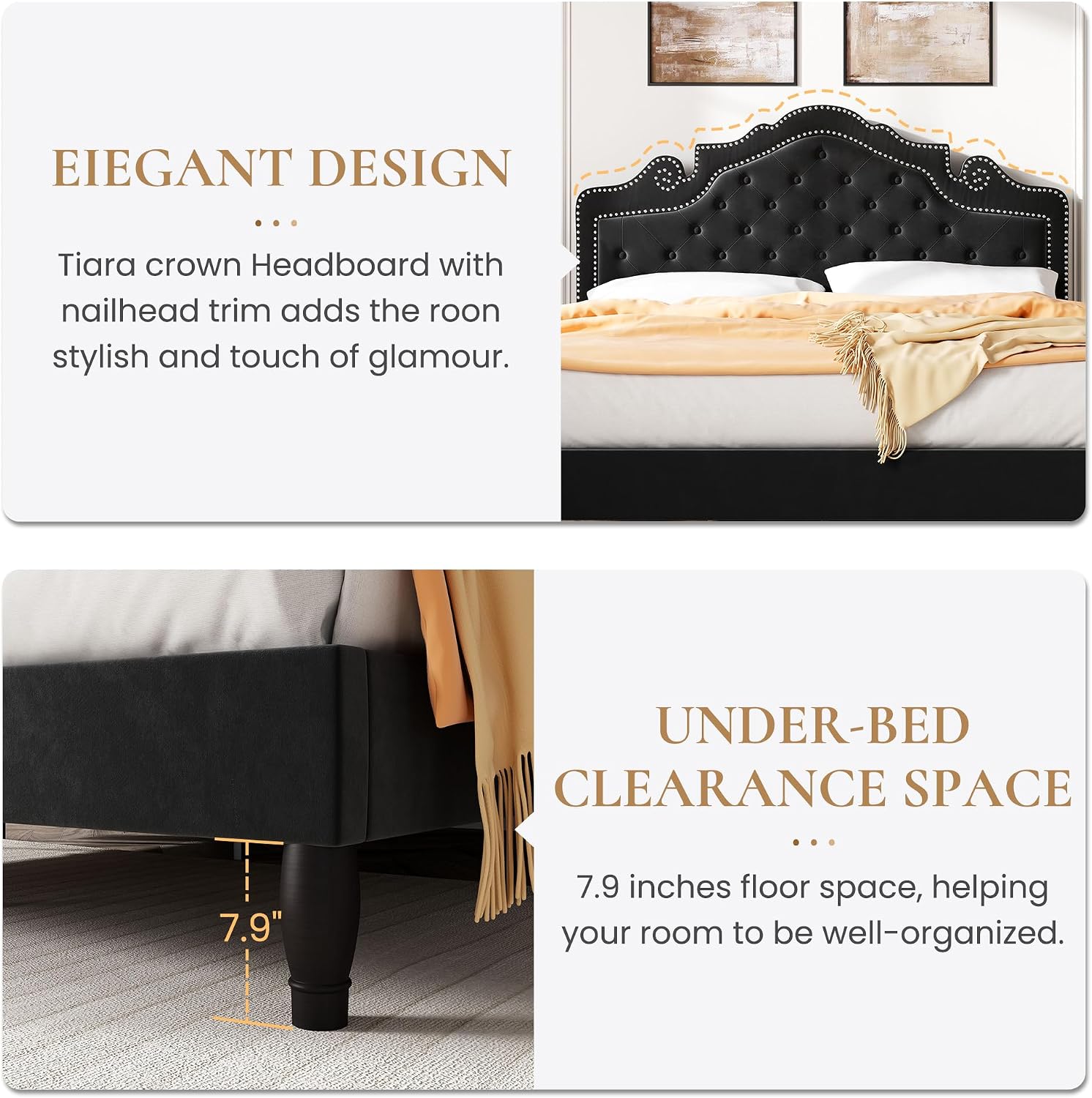 SHA CERLIN Full Size Bed Frame with Adjustable Headboard/Velvet Upholstered/Diamond Button Tufted and Metal Studs/No Box Spring Needed/Wood Slat Support/Easy Assembly/Black