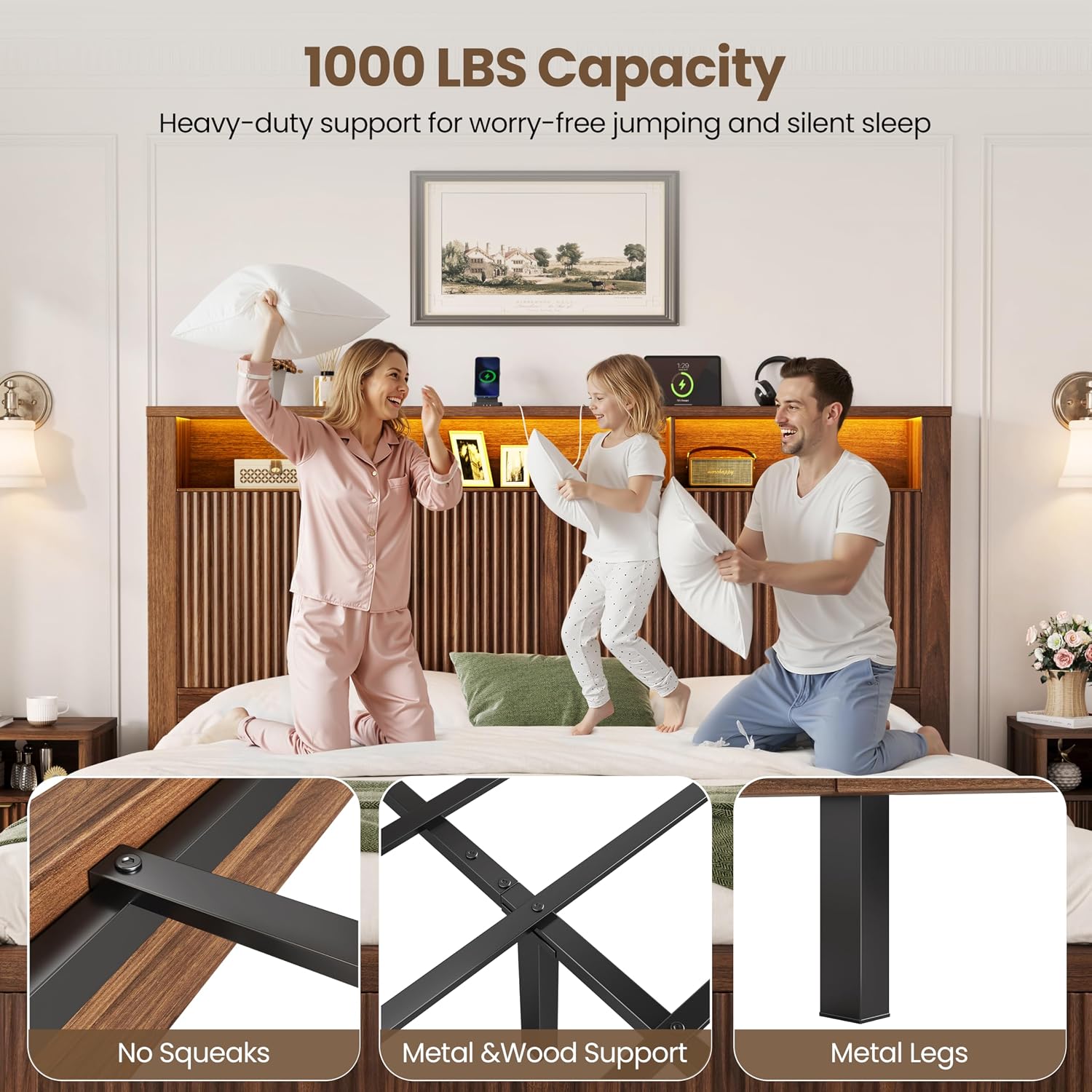 CypBed Full Size Bed Frame with Headboard and Storage Drawer, Full Bed Frame with LED Light and Charging Port, Farmhouse Wavy Design, Wood & Metal Platform, Noise-Free, No Box Spring Needed, Walnut
