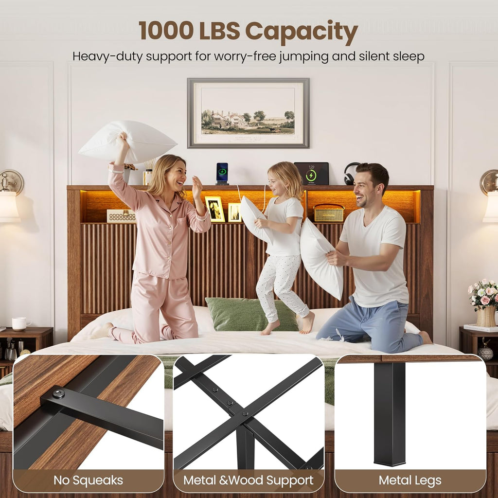 CypBed Queen Size Bed Frame with Headboard and Storage Drawers, Queen Bed Frame with LED Light and Charging Port, Farmhouse Wavy Wood Design, Wood & Metal Platform, Noise-Free, No Box Spring Needed