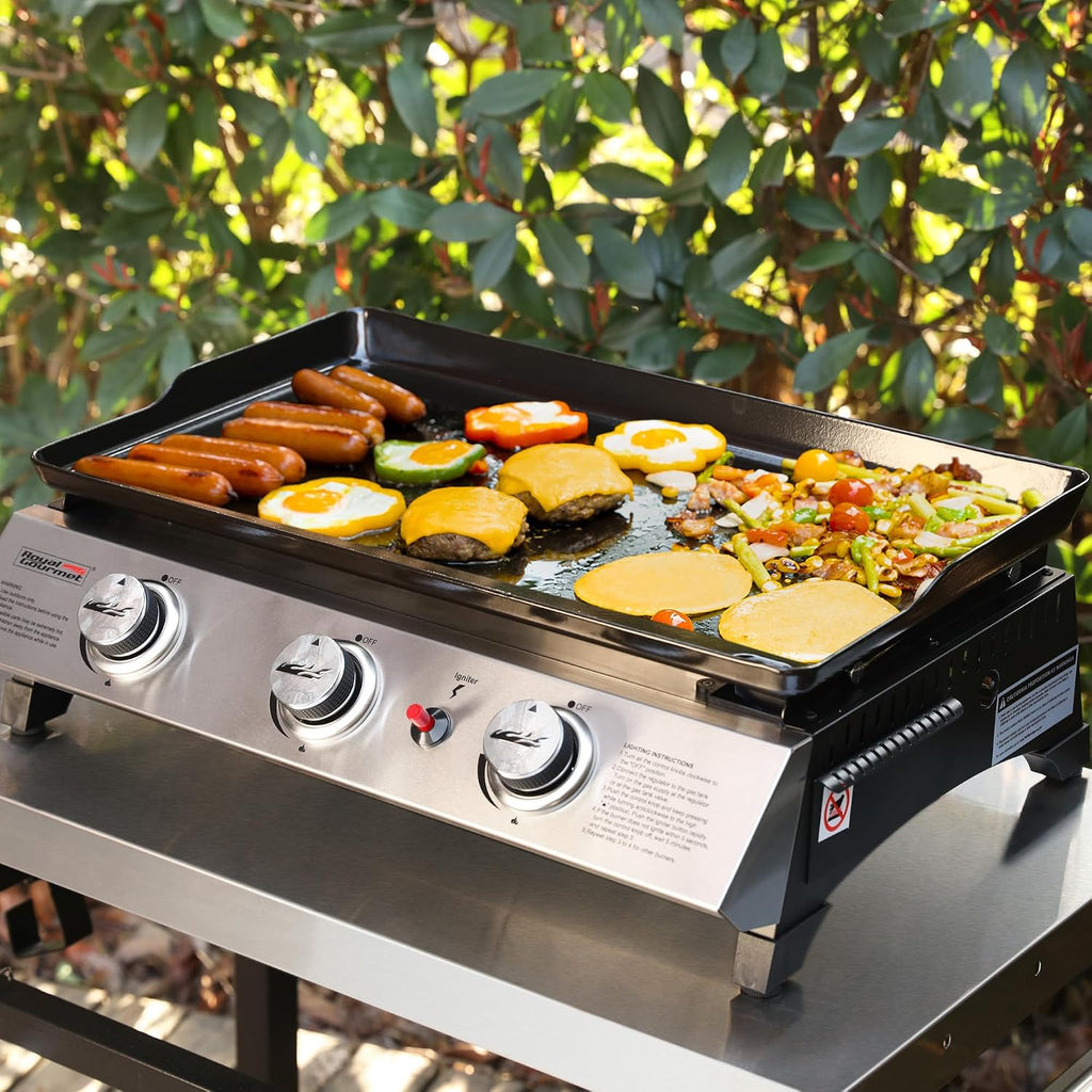 Royal Gourmet PD1300 3-Burner Portable Propane Gas Grill Griddle, 26,400 BTU Table Top Griddle for Outdoor Cooking, Camping, Tailgating, or Picnics, Silver