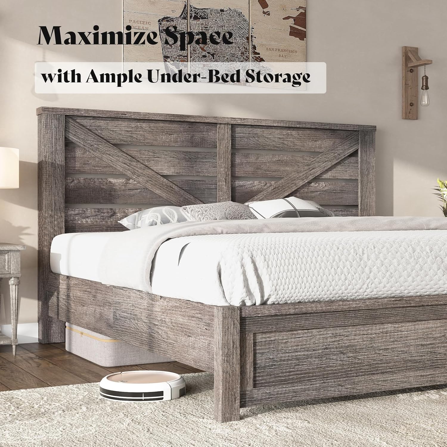 AMERLIFE King Size Bed Frame with 49.2' Barn Door Headboard and Footboard, Farmhouse Platform Bed Frame with Wood Slats, No Box Spring Needed, Under Bed Storage, Rustic Gray