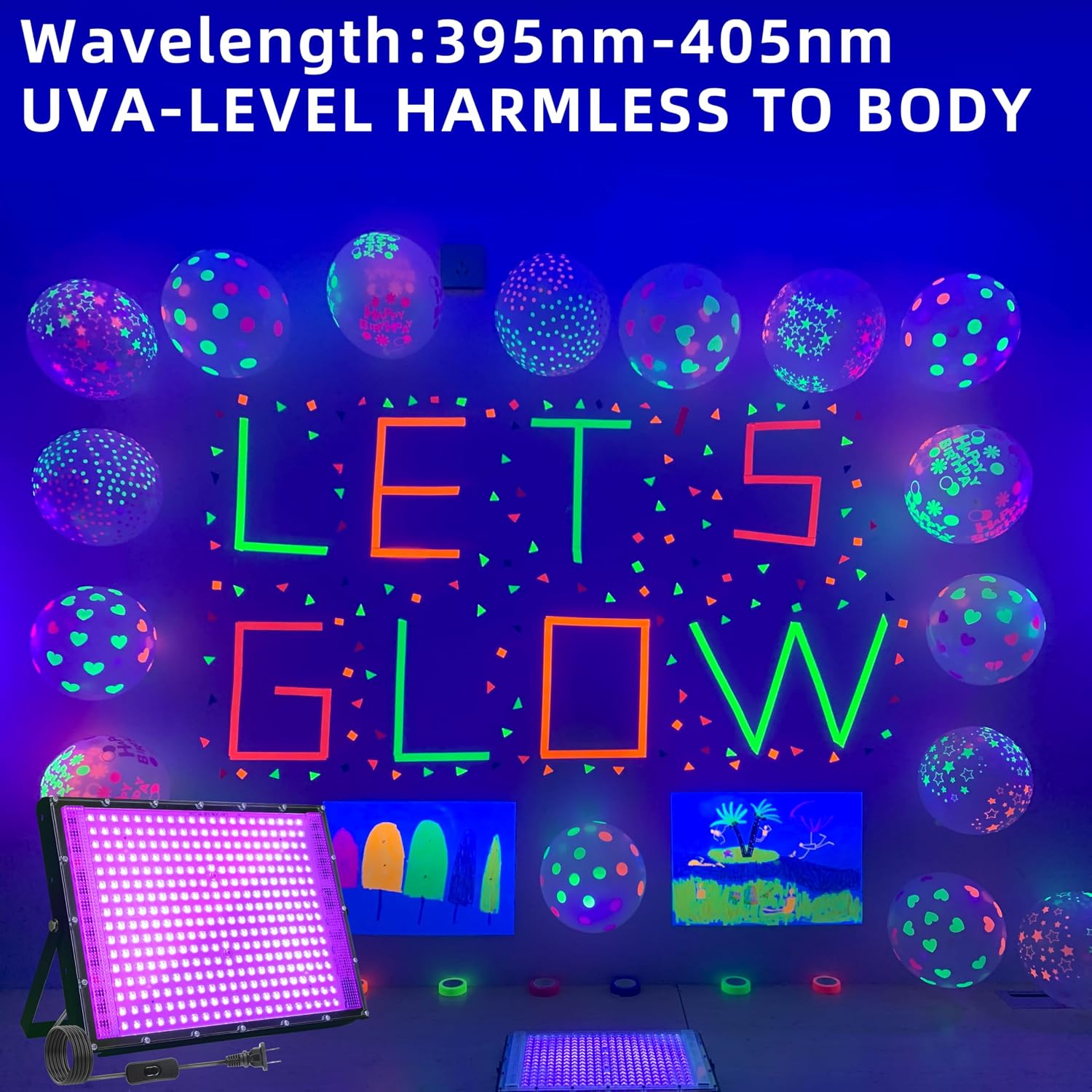 4 Pack 300W Blacklight 336 LEDs, UV Lamp Black Lights for Glow Party, 395nm, IP65 Outdoor Black Light Fixture for Halloween, Glow in The Dark Party, Fluorescent Poster Tapestry, Body Painting
