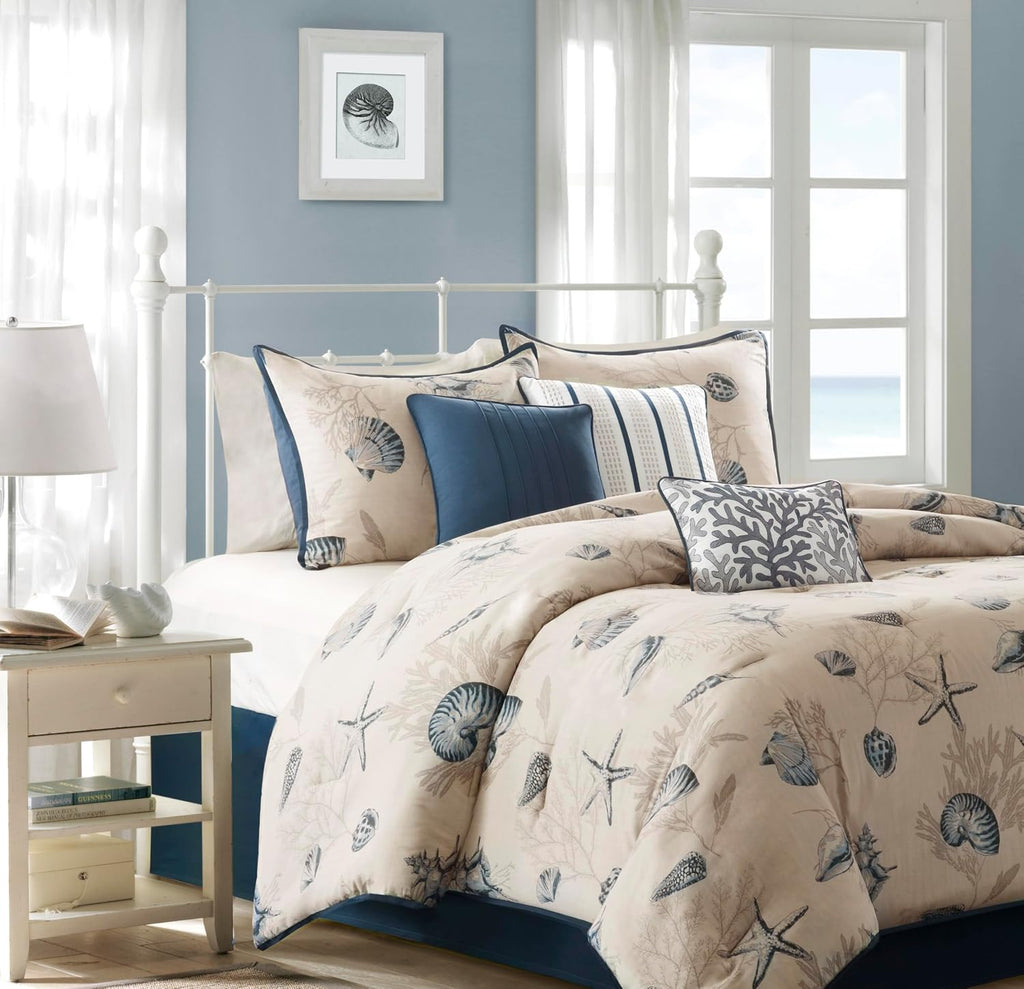 Madison Park 100% Cotton Comforter Set - Coastal Coral, Starfish Design All Season Down Alternative Cozy Bedding with Matching Shams, Decorative Pillow, Queen(90'x90'), Taupe 7 Piece