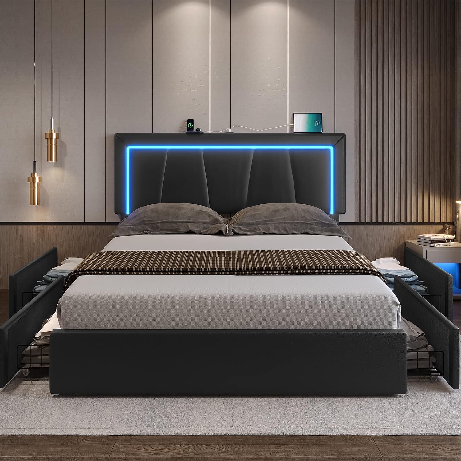DICTAC Full Size Bed Frame with Headboard and 4 Storage Drawers, Modern Faux Leather Upholstered Platform Bed Frame Full with LED Lights and USB Ports, No Box Spring Needed, Black