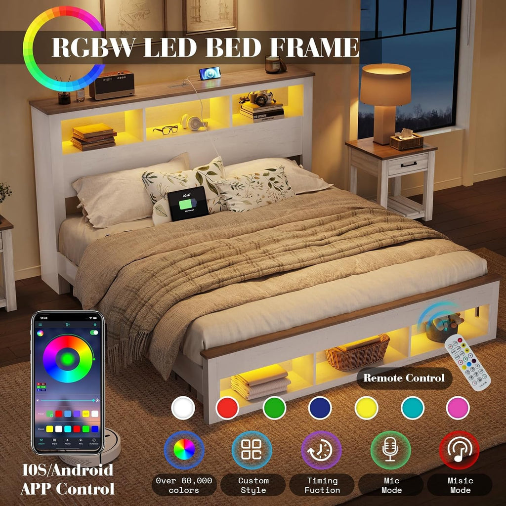 Albott Farmhouse King Size Bed Frame with Storage/Bookcase Headboard & Footboard, Wood Platform Bed with LED Lights/Charging Station, Heavy-Duty Metal Support/No Box Spring Needed/Noise-Free, White