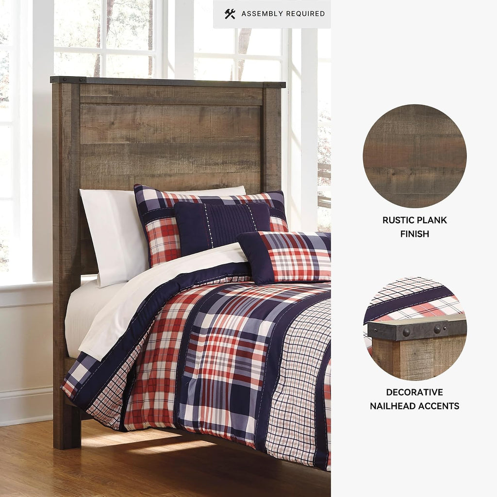 Signature Design by Ashley Trinell Casual Twin Panel Bed with Metal Slats and Nailheads, Foundation or Box Spring Needed, Dark Brown