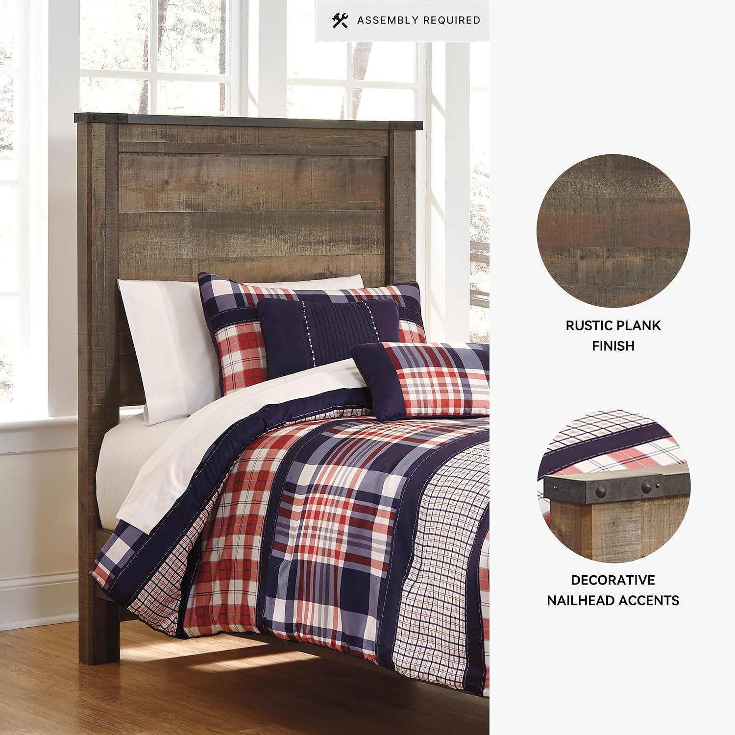 Signature Design by Ashley Trinell Casual Twin Panel Bed with Metal Slats and Nailheads, Foundation or Box Spring Needed, Dark Brown