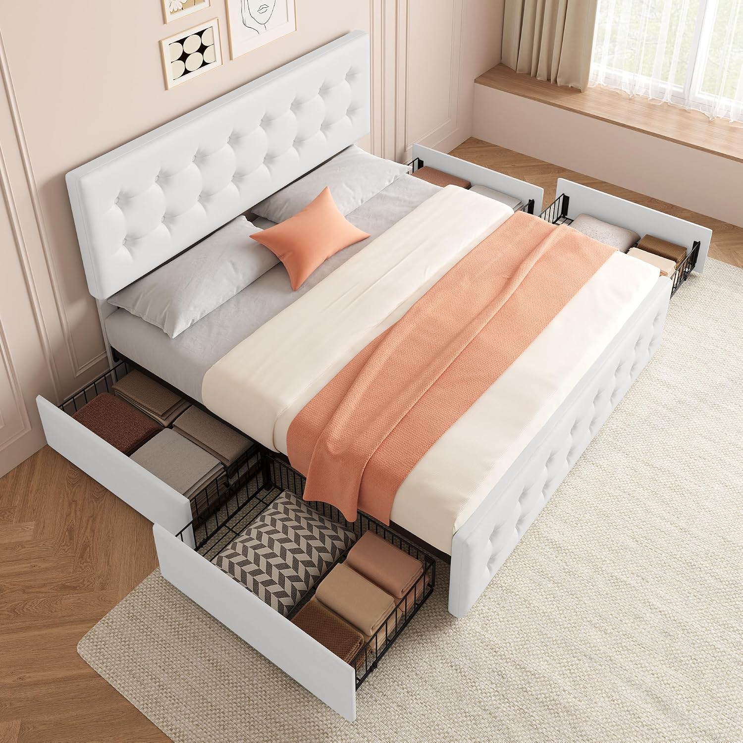 IDEALHOUSE King Size Bed Frame with 4 Storage Drawers and Headboard, Faux Leather Upholstered Platform Bed Frame with Wooden Slats Support, Button Tufted Design, No Box Spring Needed, White