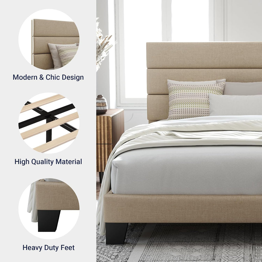 Allewie King Size Platform Bed Frame with Fabric Upholstered Headboard and Wooden Slats Support, Fully Upholstered Mattress Foundation/No Box Spring Needed/Easy Assembly, Beige