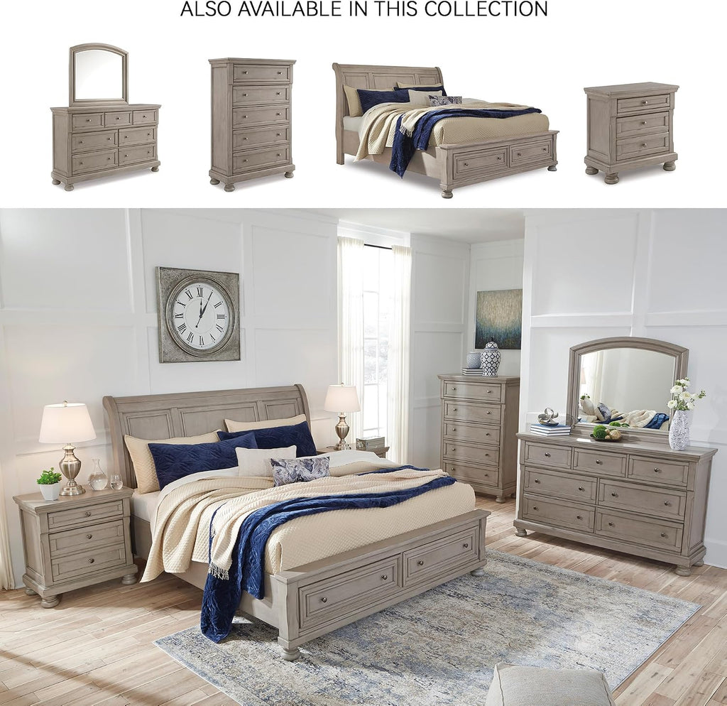 Signature Design by Ashley Lettner Traditional King Sleigh Platform Bed with 2 Drawers, Foundation or Box Spring Not Needed, Light Gray