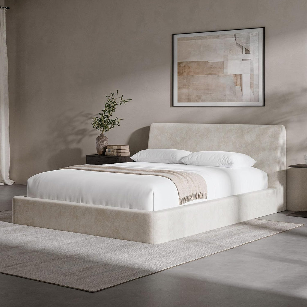 RECCI AirFrame Queen Bed Frame with Ergonomic Angled Foam Cushioned Headboard, Minimalist Design Platform Bed Frame, No Box Spring Needed, Easy Assembly (Beige Chenille)