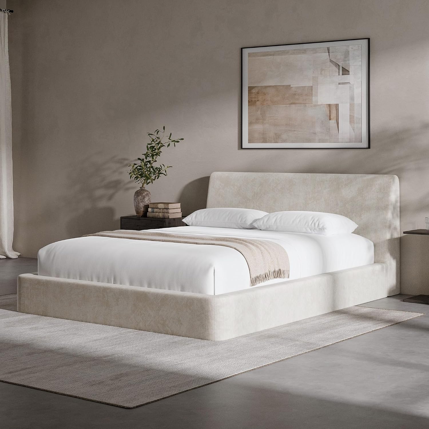 RECCI AirFrame Queen Bed Frame with Ergonomic Angled Foam Cushioned Headboard, Minimalist Design Platform Bed Frame, No Box Spring Needed, Easy Assembly (Beige Chenille)