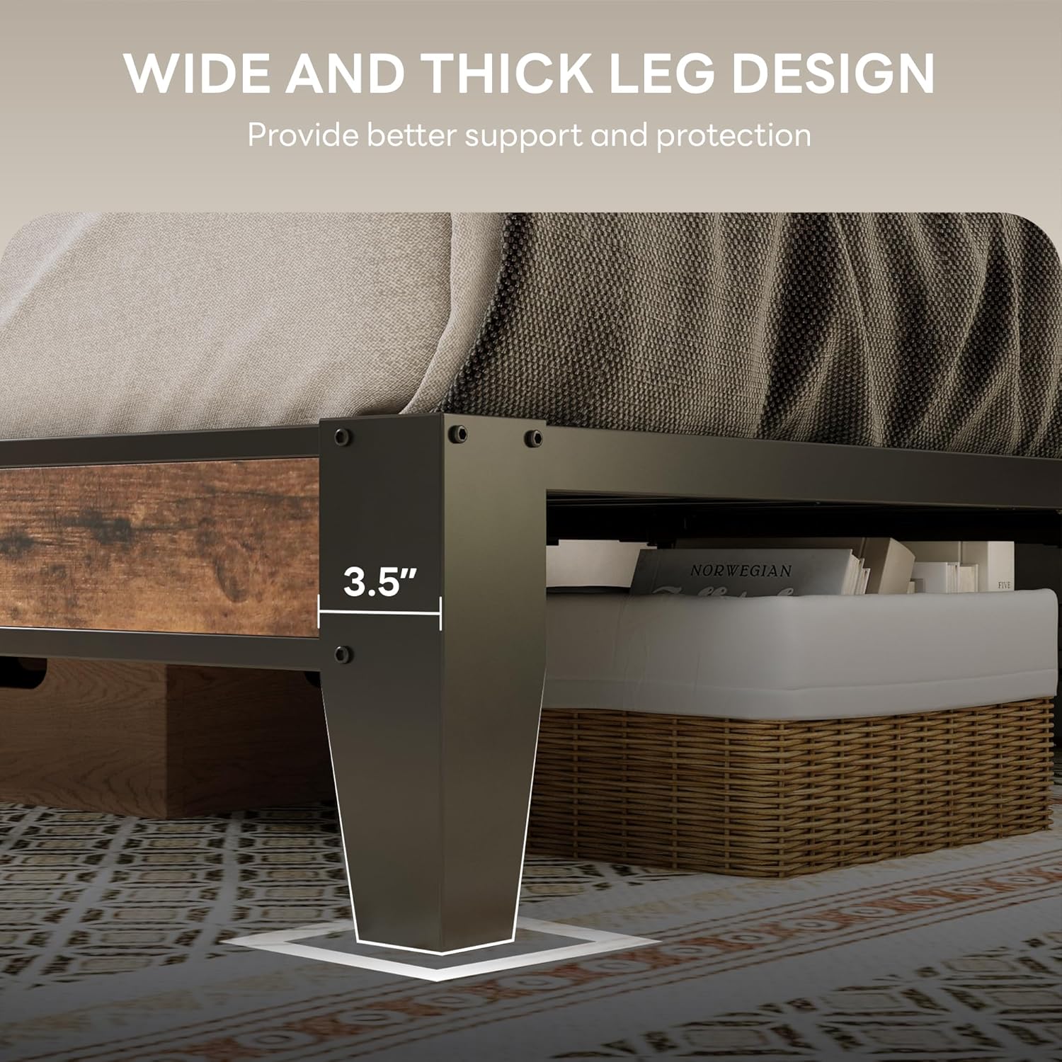 LIKIMIO Full XL Bed Frame, Storage Headboard with Charging Station, Solid and Stable, Noise Free, No Box Spring Needed, Easy Assembly(Vintage and Black)