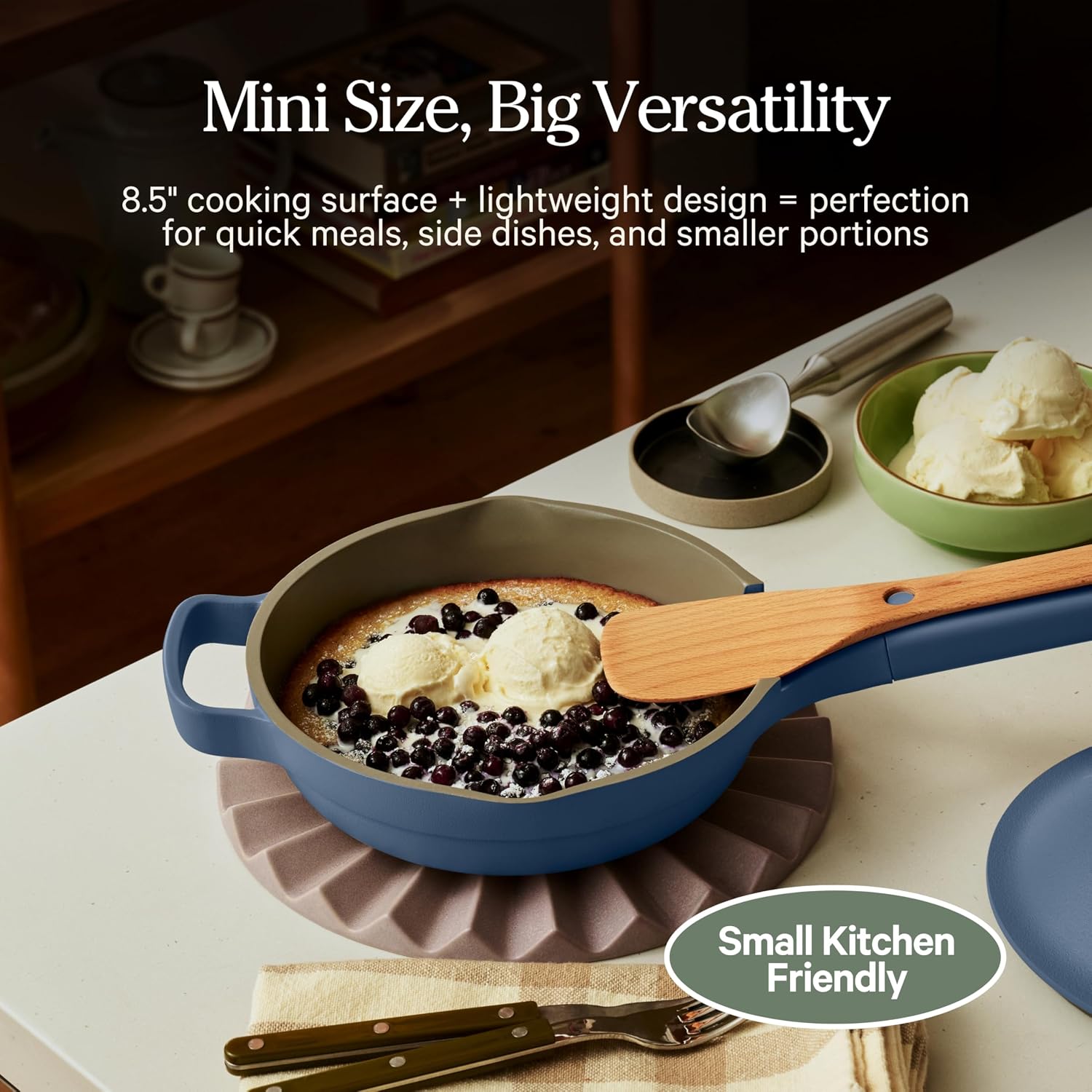 Our Place Mini Always Pan | 8.5' Ceramic Pan with Modular Lid & Beechwood Spatula | Patented 10-in-1 Nonstick, Non-Toxic Cookware Made Without PFAS | Induction & Oven-Safe up to 450°F | Blue Salt
