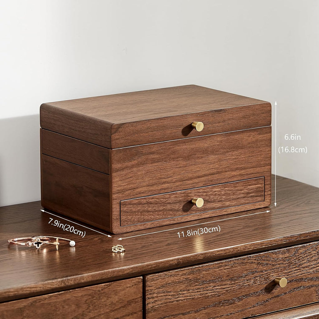 Wooden Jewelry Box for Women, 3 Level Multi-functional Drawers Black Walnut Jewelry Organizer Box, Watch, Necklace, Ring, Earring Storage - Mothers Day Gifts for Mom (No Mirror)