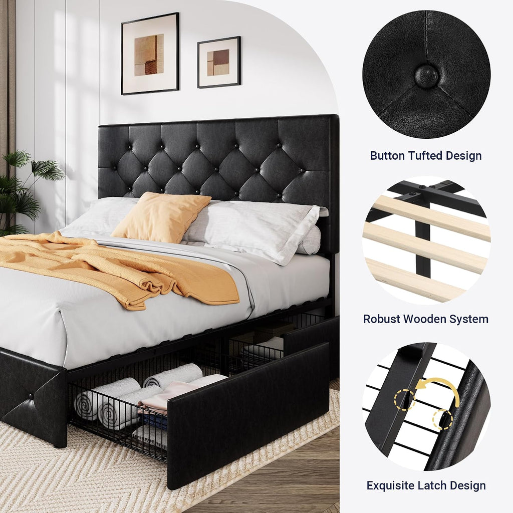 Allewie Upholstered Full Size Platform Bed Frame with 4 Storage Drawers and Headboard, Diamond Stitched Button Tufted, Mattress Foundation with Wooden Slats Support, No Box Spring Needed, Black