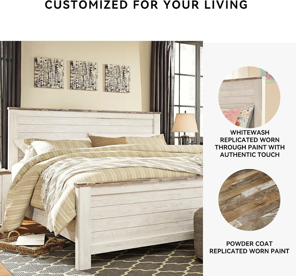 Signature Design by Ashley Willowton Shabby Chic Queen Panel Bed with Metal Slats, Foundation or Box Spring Needed, Whitewash