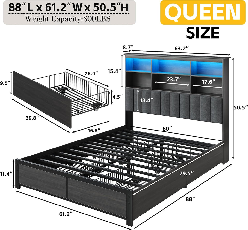 Lifezone Queen Bed Frame with Headboard, Queen Bed Frame with High Storage Bookcase Headboard, 4 Storage Drawers & Charging Station, No Box Spring Needed/Noise Free/All-Metal Support, Rustic Grey