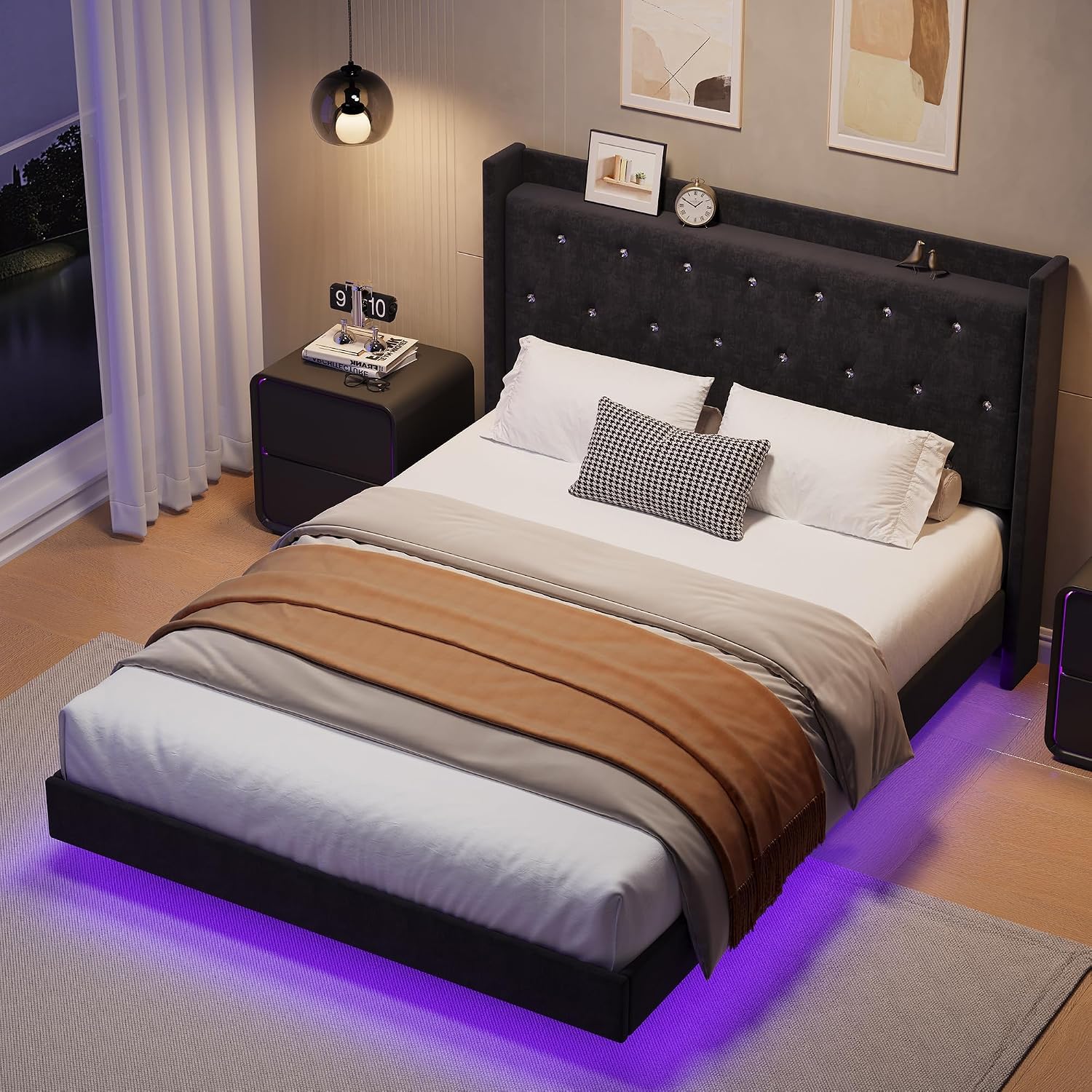 IDEALHOUSE Full Size Bed Frame with LED Lights, Floating Platform Bed with Velvet Upholstered Storage Headboard, No Box Spring Needed, Noise Free, Easy Assembly