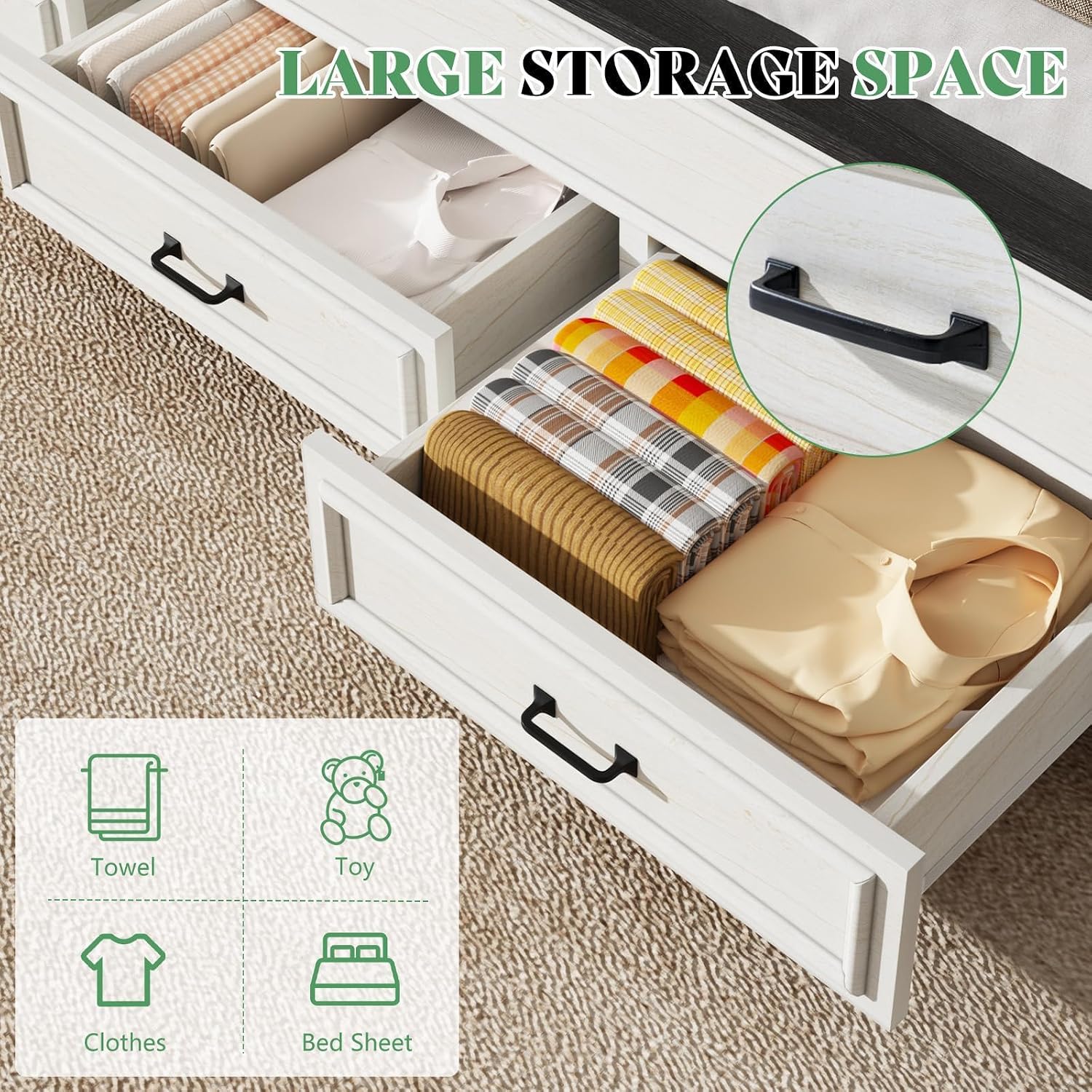 AMERLIFE Farmhouse Bedroom Furniture Set, Includes 2 Nightstands with Charging Station and 1 Full Size Wood Platform Bed Frame with Panel Headboard, Storage Drawers, No Box Spring Needed, Rustic White