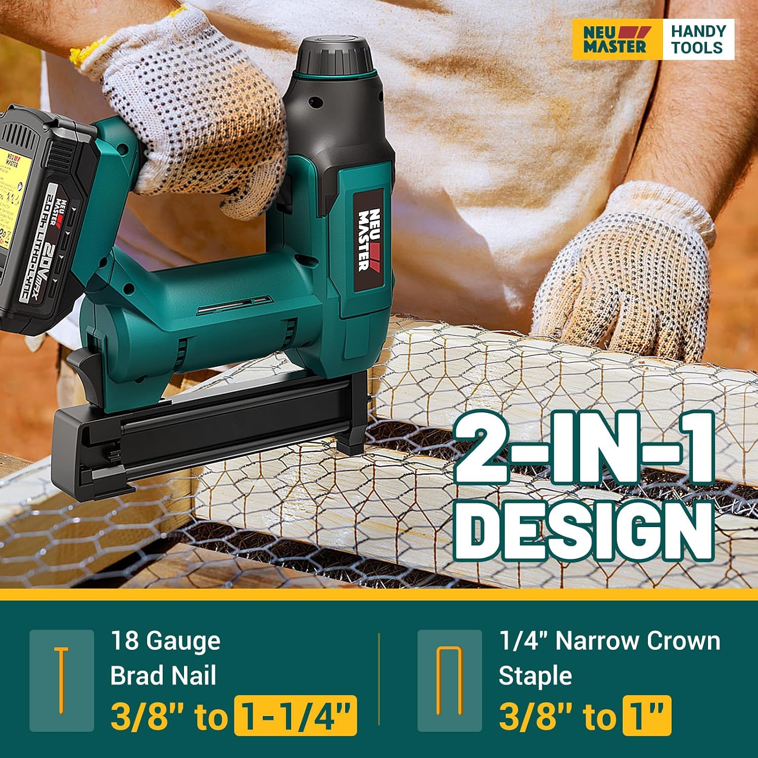 NEU MASTER Nail Gun Cordless with Battery Powered - 18 Gauge 2 in 1 Brad Nailer/Staple Gun, 20V Max. 2.0Ah Battery & Charger, 800 Nails & 200 Staples Included