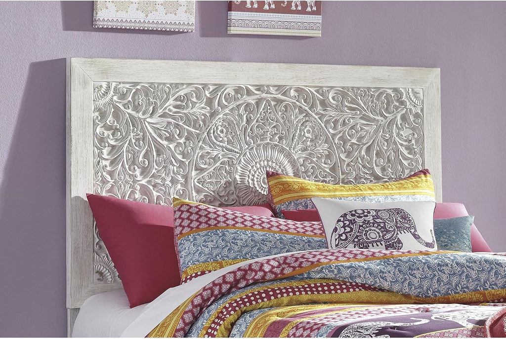 Signature Design By Ashley Paxberry Twin Boho Headboard, Wood, 48.5' High, Whitewash Replicated Worn Through Paint, Carved Medallion, Adjustable Height, Distressed White (Headboard Only)