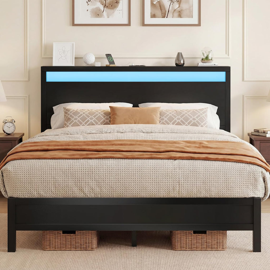 Fluest Queen Bed Frame with Headboard & Footboard, Bed Frame with Built-in Charging Station & LED Light, Storage Shelf, Noise-Free, No Box Spring Needed, Easy Assembly, Classic Black