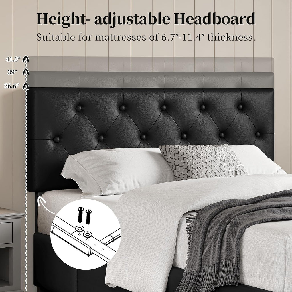 Yaheetech Full Bed Frame Upholstered Bed Frame with Adjustable Diamond Button-Tufted Headboard/3 Drawers Storage, Full Platform Bed/Strong Wooden Slats, Black Full Bed