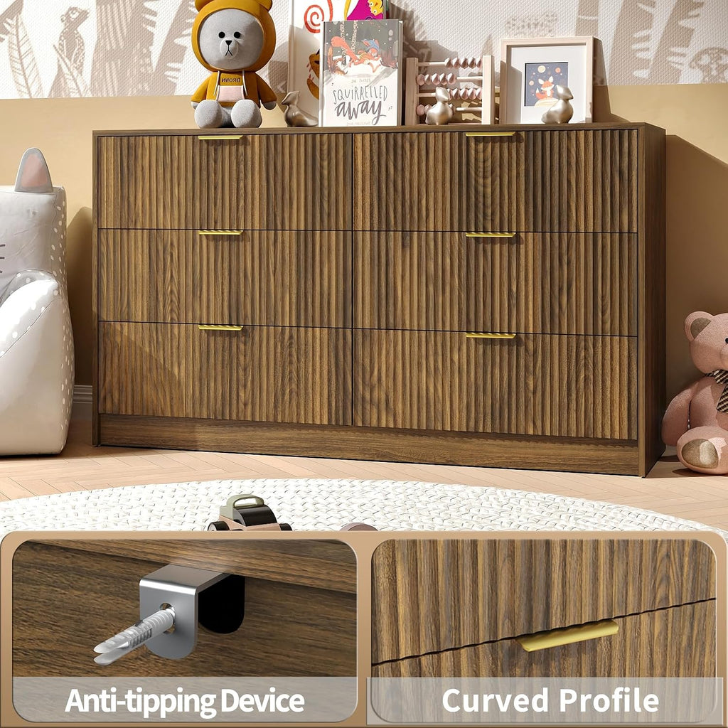 Walnut Dresser Set of 2, Long Dresser for Bedroom Wooden with 12 Drawers, Fluted Modern Bedroom Furniture Set, TV Stand Dressers & Chests of Drawers for Closet (15.7'D x 110.2'W x 31.8'H)