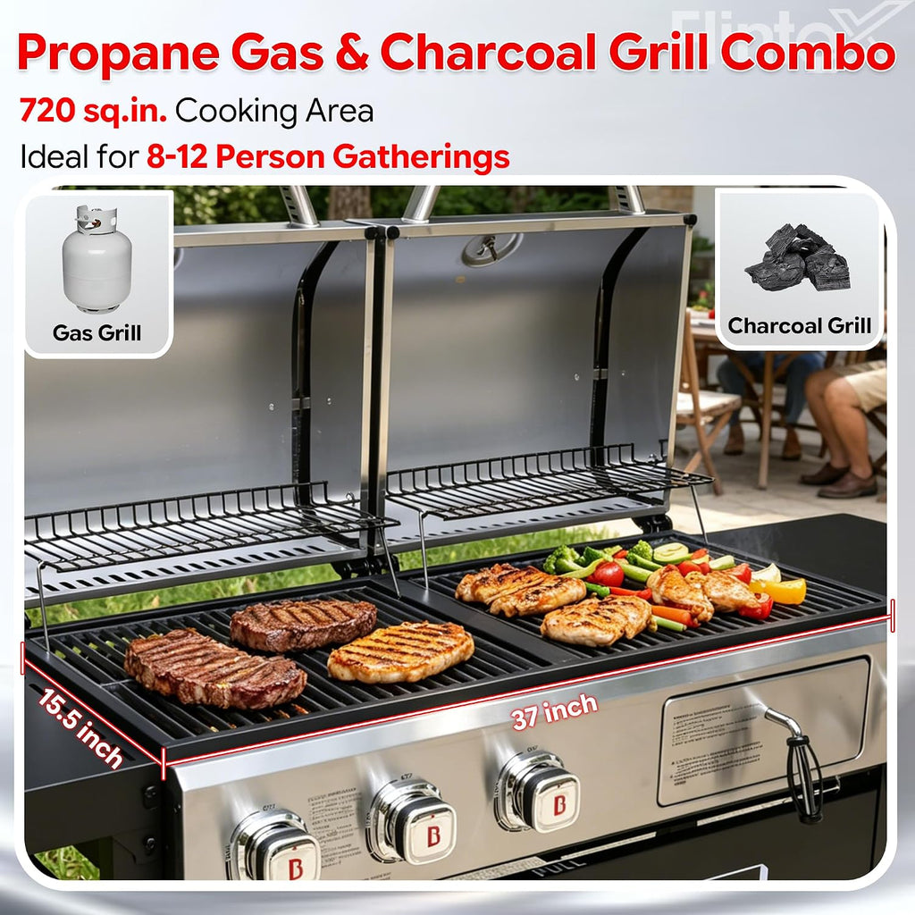 Flintex Gas and Charcoal Grill Combo with Griddle, Propane Grill Griddle Combo with Dual Fuel BBQ System, 720 sq.in. Cooking Area, Porcelain-Enameled Cast Iron Grates and Pan