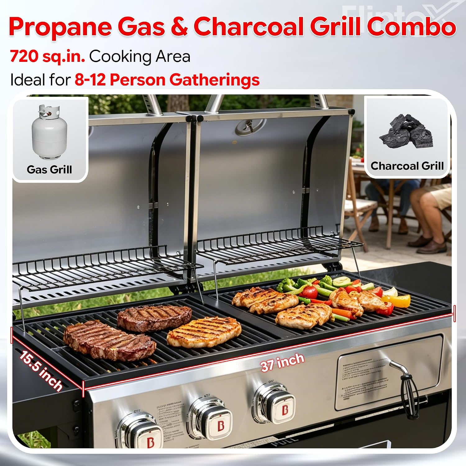 Flintex Gas and Charcoal Grill Combo with Griddle, Propane Grill Griddle Combo with Dual Fuel BBQ System, 720 sq.in. Cooking Area, Porcelain-Enameled Cast Iron Grates and Pan