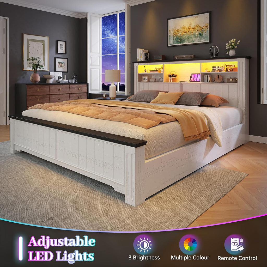 EnHomee Queen Bed Frame with Headboard, Bed Frame Queen Size with 4 Storage Drawers, Queen Bed with LED Lights & Charging Ports,No Box Spring Needed,NO Noise,Wooden, White