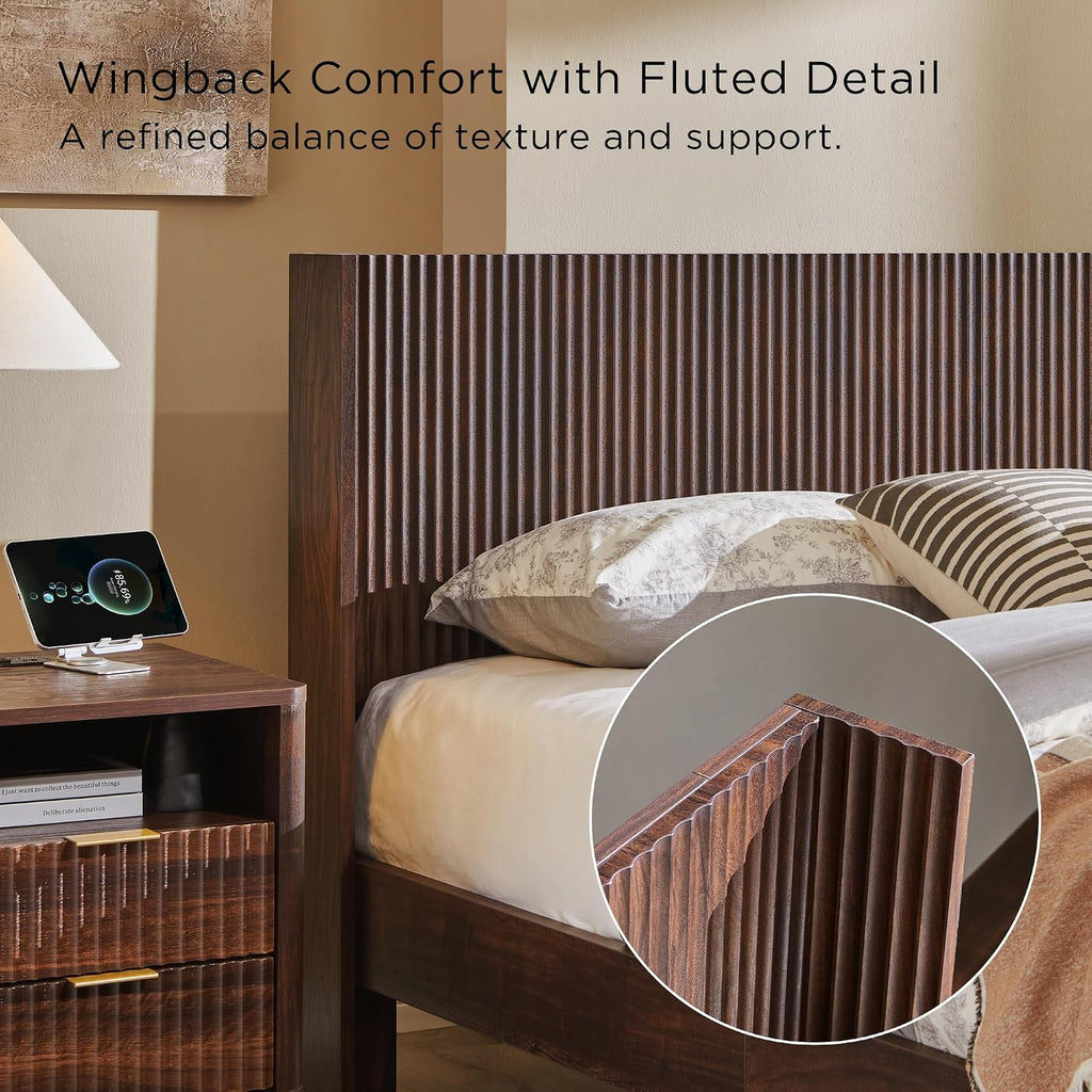 T4TREAM Fluted King Size Bed Frame with Wingback Headboard, Footboard Storage Bench with Built-in Drawers & Lift-Up Compartments, Wood & Steel Platform Bed, No Box Spring Needed, Dark Walnut