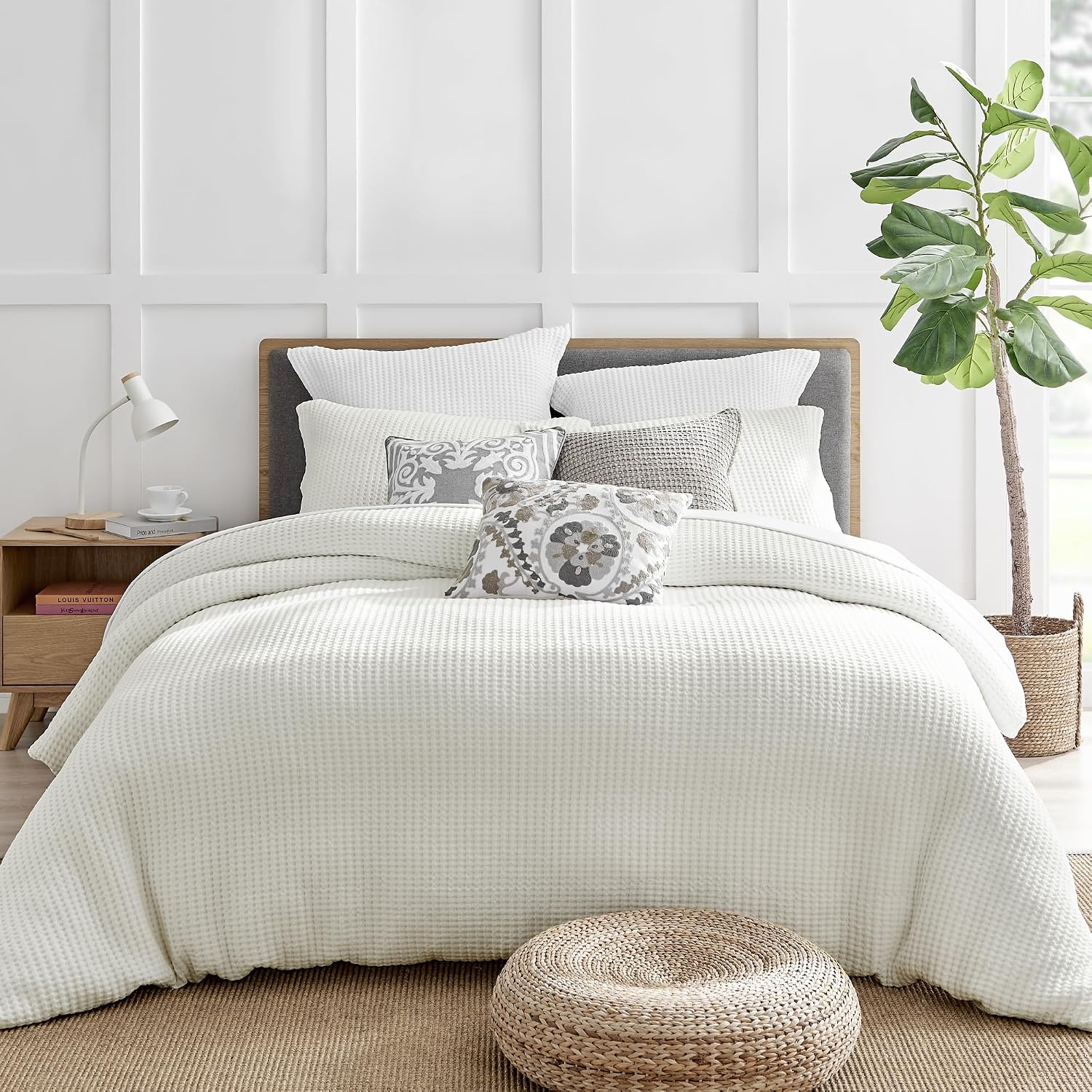 Levtex Home Mills Waffle Queen Duvet Cover Set (90x94in) with 2 Pillow Shams (26x20in) - Cream - 100% Cotton Queen Size Duvet Cover Set - Soft, Pre-Washed