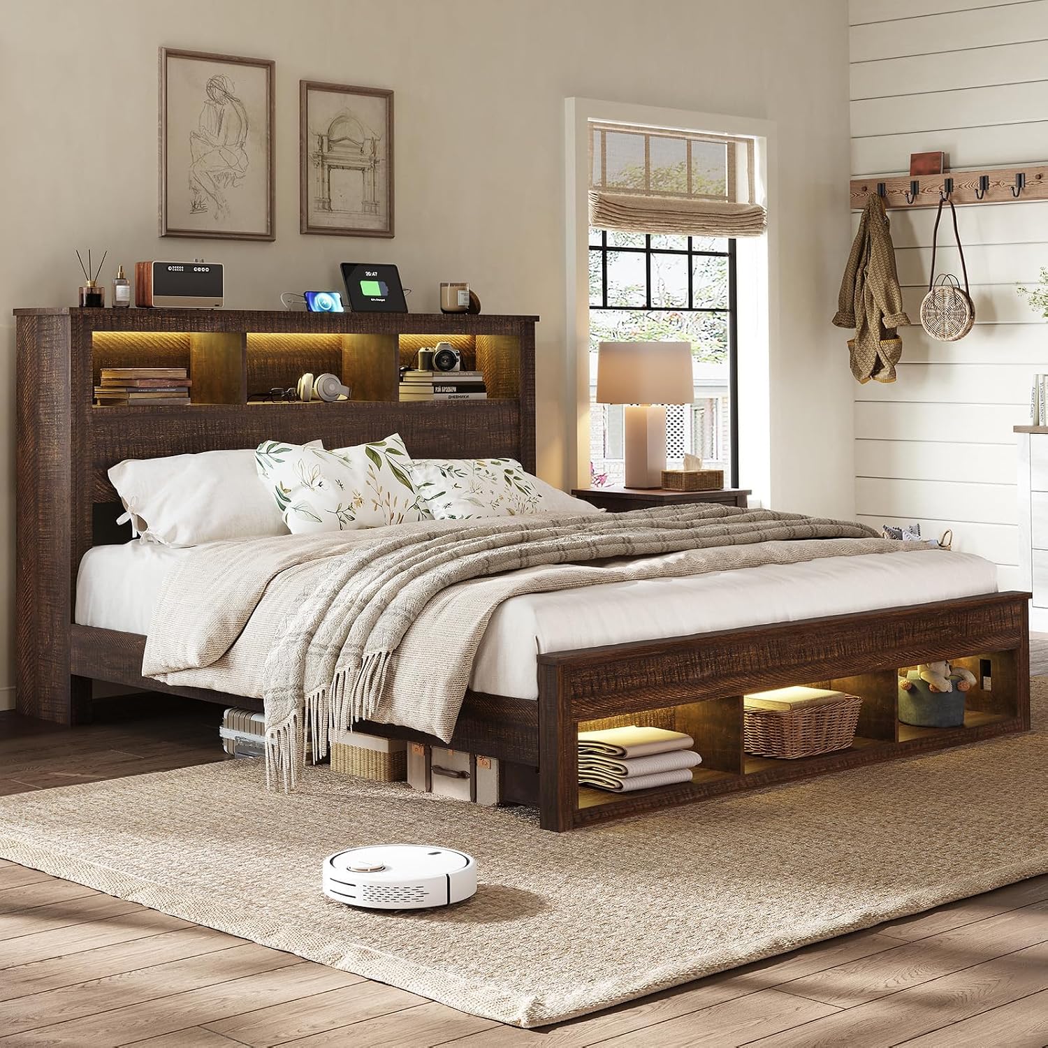 Albott Farmhouse King Size Bed Frame with Storage/Bookcase Headboard & Footboard, Wood Platform Bed with LED Lights/Charging Station, Heavy-Duty Metal Support/No Box Spring Needed/Noise-Free, Brown