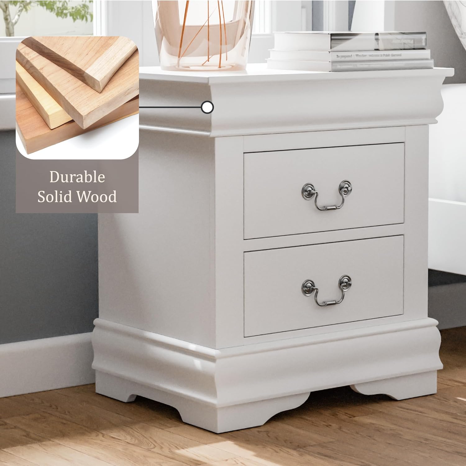 Furniture of America Louis Philippe Traditional Solid Wood 3 Piece Bedroom Set, King Bed Frame and Nightstands Set of 2, Sleigh Design Bedframe with Headboard and Footboard, Box Spring Needed, White