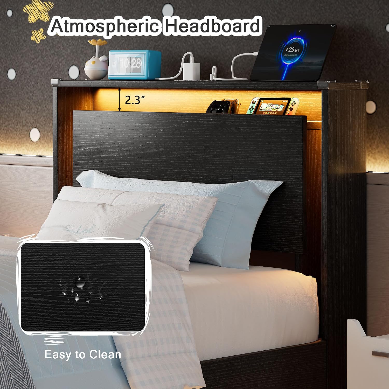 Einhomn Twin Bed Frames with LED Lights and Charging Station - Wood Floating Bed Frame with Storage Headboard, Adhesive Slats, Kick-Free & Noise-Free Design, Easy Assembly, Black