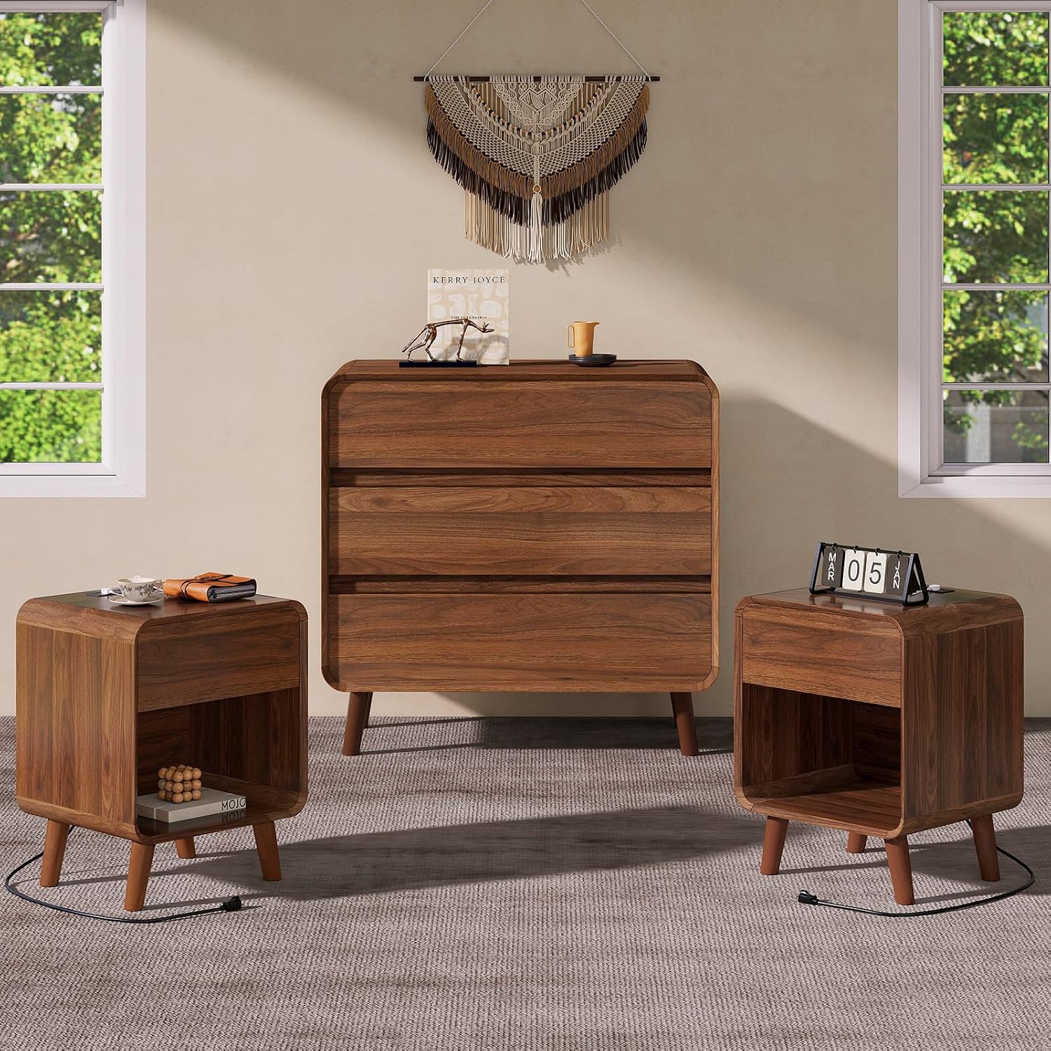 Nasonet Mid Century Modern Dresser and Nightstand Sets 3 Piece, Wooden 3 Drawer Dresser and Small Nightstands Sets of 2, Walnut Bedroom Furniture Set
