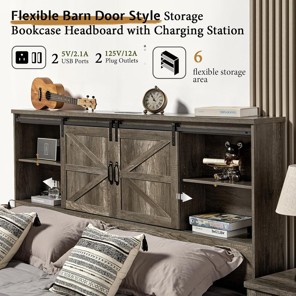 VanAcc Queen Size Bed Frame, Wooden Platform Storage Bed with 51.2' Bookcase Headboard, 2 Drawers, Charging Station/No Box Spring Needed/Noise Free(Rustic Grey)